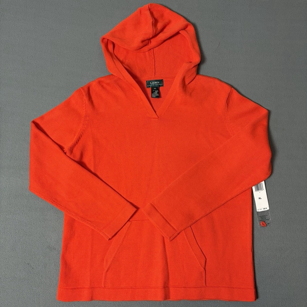 NWT Ralph Lauren Jumper Womens Tangerine Orange Waffle Knit Sweater Hooded Sz XL